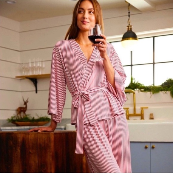 DreamModal Kimono Pajama Set in Red Vertical Stripe - Picture 2 of 2